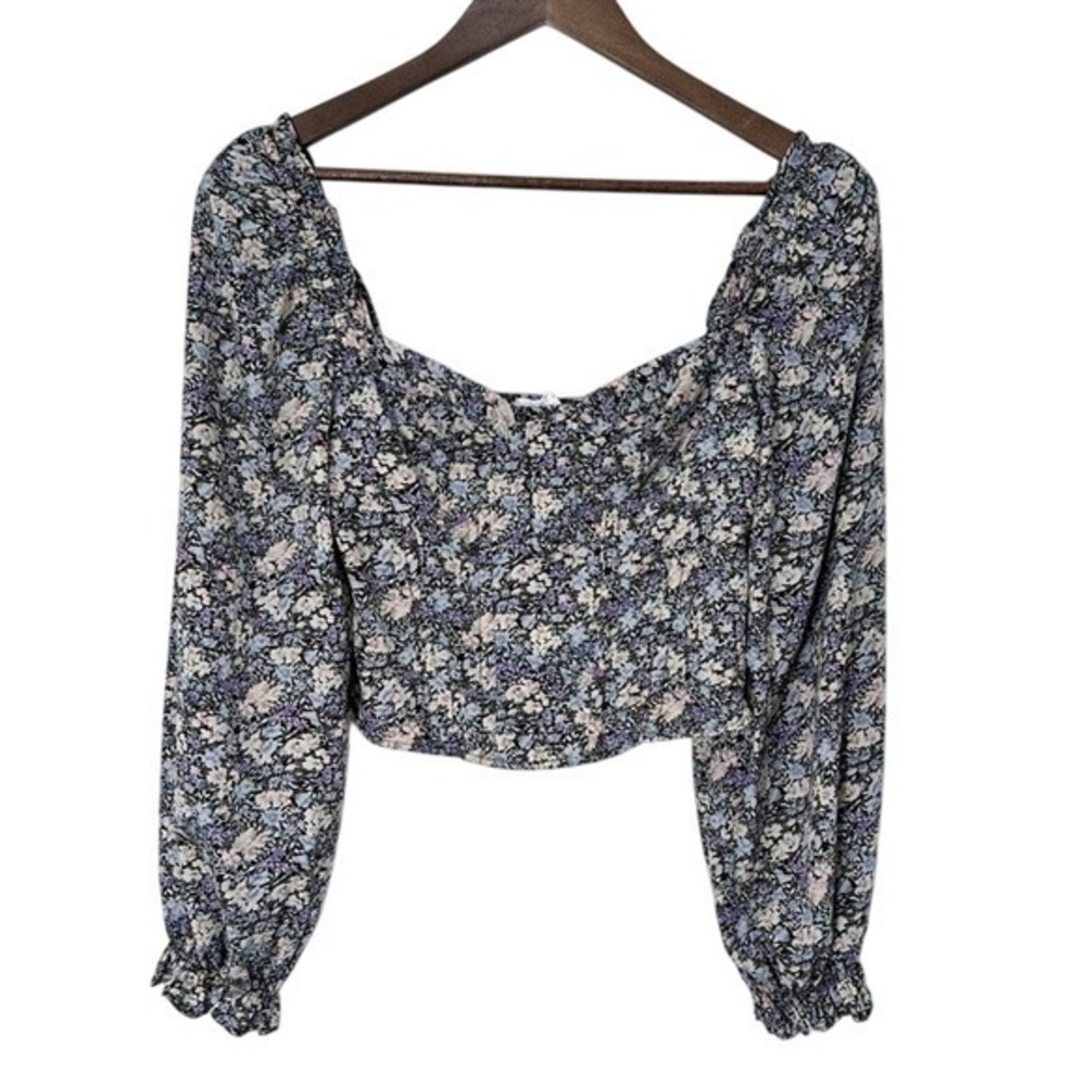 ASTR Ditsy Floral Smocked‎ Cropped Bodice Long Puff Sleeve Blouse Size S
